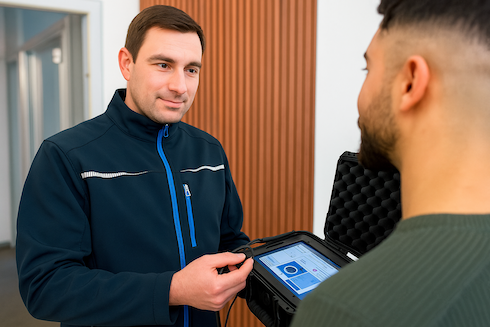 Elektriker zeigt Prüfergebnisse der DGUV V3 Prüfung
